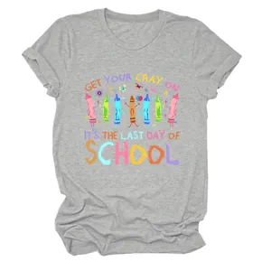 Close-up of gray cotton T-shirt featuring colorful last day of school crayon graphic