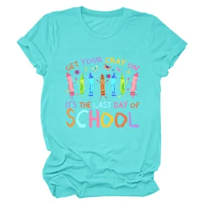 Close-up of 'Get Your Cray On' graphic on turquoise women's t-shirt