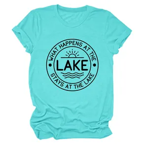 T-shirt décontracté turquoise à col rond pour femme avec imprimé Lake slogan