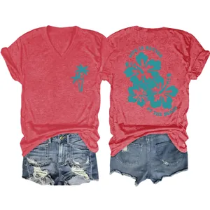 Front and back view of red V-neck T-shirt with teal beach flower and quote print