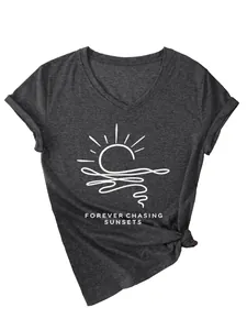 Premium charcoal gray V-neck cotton T-shirt featuring Forever Chasing Sunsets graphic