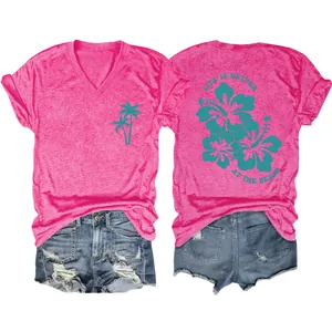 Detailed front and back view of a pink V-neck T-shirt with 'Life is Better at the Beach' text