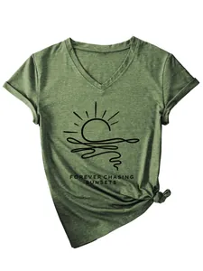 Detailed view of minimalist sun and wave graphic on a green women's V-neck T-shirt