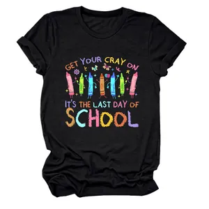 Women's black t-shirt featuring colorful last day of school crayon graphic design