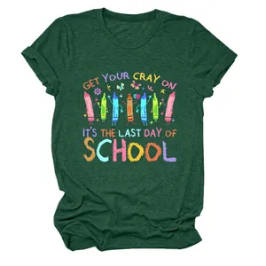 Detailed view of the school-themed graphic on a heather green women's t-shirt