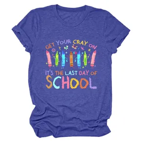 Close-up of 'Last Day of School' print on purple heather cotton T-shirt, details shown.