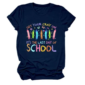 Navy women's T-shirt featuring Get Your Cray On Last Day of School colorful graphic.