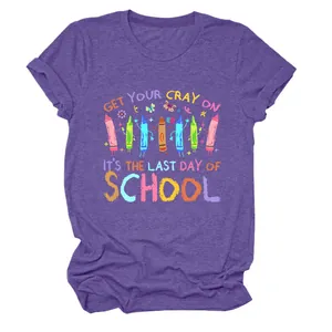 Detailed view of the purple crew neck t-shirt with a Get Your Cray On school print