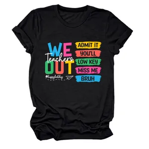 Gedetailleerde weergave van een zwart dames-T-shirt met een kleurrijke lerarengrafiek