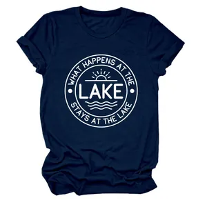 T-shirt décontracté bleu marine à col rond pour femme avec imprimé graphique lac