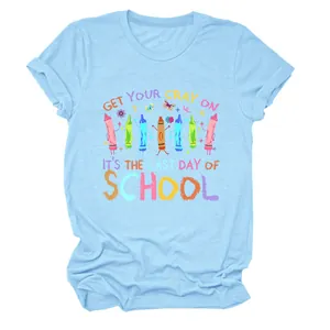 Detail view of colorful 'Last Day of School' print on a light blue women's T-shirt