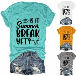 Damen Casual Is It Summer Break Yet Buchstaben Druck T-Shirt Baumwolle Atmungsaktiv Rundhals Kurzarm Urlaub Mode Top