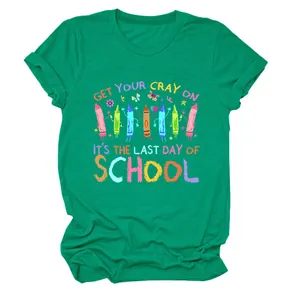 Detail view of green 'Get Your Cray On' t-shirt with colorful school crayon print