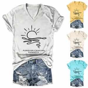 Women Casual Cotton Blend V Neck T-Shirt Forever Chasing Sunsets Printed Short Sleeve Loose Fit Vacation Beach Top Tee
