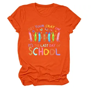 Vibrant orange women's cotton t-shirt with 'Get Your Cray On' school theme print