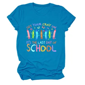 Close-up of blue Last Day of School graphic t-shirt featuring colorful crayon characters