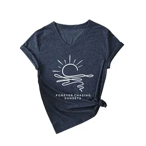Comfortable navy V-neck T-shirt for women with Forever Chasing Sunsets sun graphic print