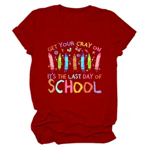 Detailed view of women's red cotton t-shirt with 'Last Day of School' crayon print