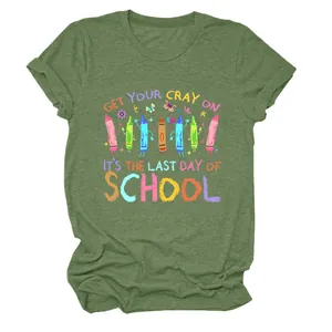 Detailed view of green cotton T-shirt with 'Last Day of School' crayon graphic print