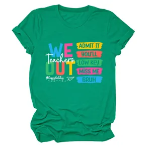 Groen dames T-shirt voor leraren met kleurrijke print voor laatste schooldag