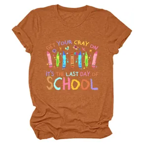 Detailed view of women's terracotta T-shirt featuring funny 'Last Day of School' print