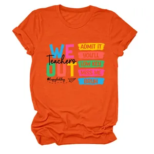 Modieus oranje dames T-shirt met ronde hals en Teachers We Out grafische print erop