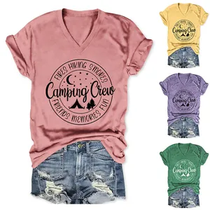 Detail view of Camping Crew graphic print on multi-colored V-neck t-shirts