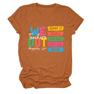 Casual roestkleurig dames T-shirt met een kleurrijk Teachers We Out grafisch ontwerp