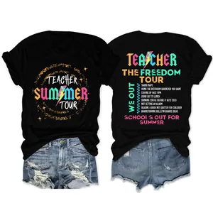 Teacher Summer Tour T-shirt met prints op voor- en achterkant en grappige vakantielijst