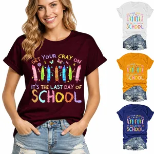 Women's Casual Cotton Blend Loose Round Neck T-Shirt Cartoon Crayon Printed Short Sleeve Top For School Graduation Season