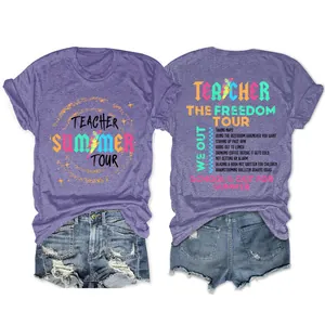 Paars dames-T-shirt met Teacher Summer Tour grafische print op voor- en achterkant