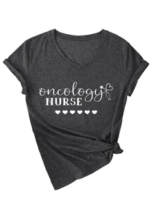 Detailansicht Damen T-Shirt in Dunkelgrau mit V-Ausschnitt und Onkologie-Druck