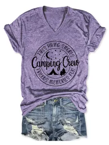 Purple heather V-neck T-shirt with Camping Crew graphic paired with denim shorts