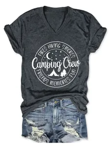 Close-up of Camping Crew graphic print on women's V-neck heather grey T-shirt.