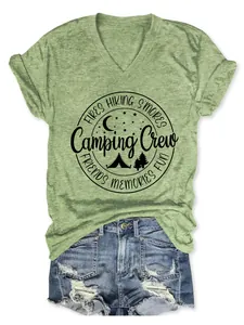 Women's casual V-neck T-shirt with green heathered fabric and Camping Crew graphic print
