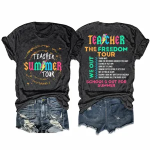 Dames Casual Katoenen T-Shirt Ronde Hals Korte Mouw Met Teacher Summer Tour Grafische Print Vintage Stijl Ruime Top