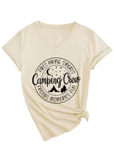 Casual women's cream V-neck short sleeve t-shirt with 'Camping Crew' graphic print