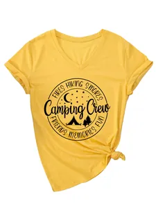Detailed view of yellow V-neck t-shirt featuring a black Camping Crew outdoor print