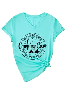 Detailed view of mint green V-neck T-shirt with black Camping Crew graphic print design