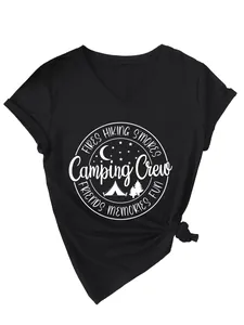 Detail of women's black V-neck camping t-shirt with white graphic print