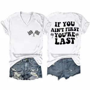 Dames V-hals T-Shirt Katoenmix Korte Mouw Bedrukt Letter Graphic Tee Geblokte Vlag Patroon Zomer Streetwear Casual Mode Top