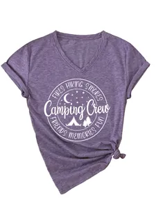 Purple V-neck T-shirt featuring "Camping Crew" graphic print and knotted hem detail.