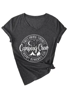 Detailed view of white Camping Crew circular graphic on charcoal grey V-neck tee