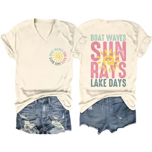 Front and back view of cream V-neck T-shirt with Boat Waves Sun Rays graphic print