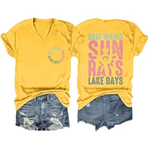 Yellow women's V-neck T-shirt with Boat Waves Sun Rays Lake Days summer graphic