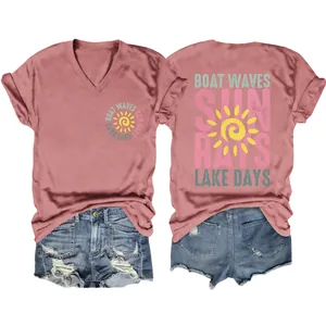 Stylish mauve pink women's V-neck T-shirt featuring 'Boat Waves Sun Rays' graphic print.