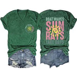 Stylish green V-neck t-shirt with Boat Waves Sun Rays print and denim shorts set for women