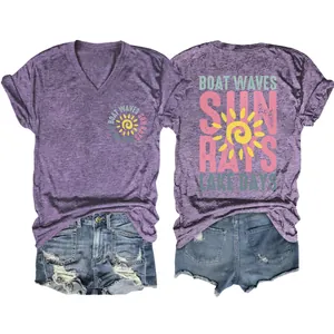 Women's V-neck purple heather T-shirt with Boat Waves Sun Rays back print graphic.