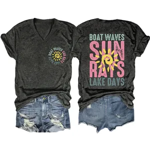 Front and back view of women's grey V-neck T-shirt with sun rays lake days print