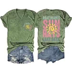 Olive green women's V-neck T-shirt with vintage Boat Waves Sun Rays print graphic.